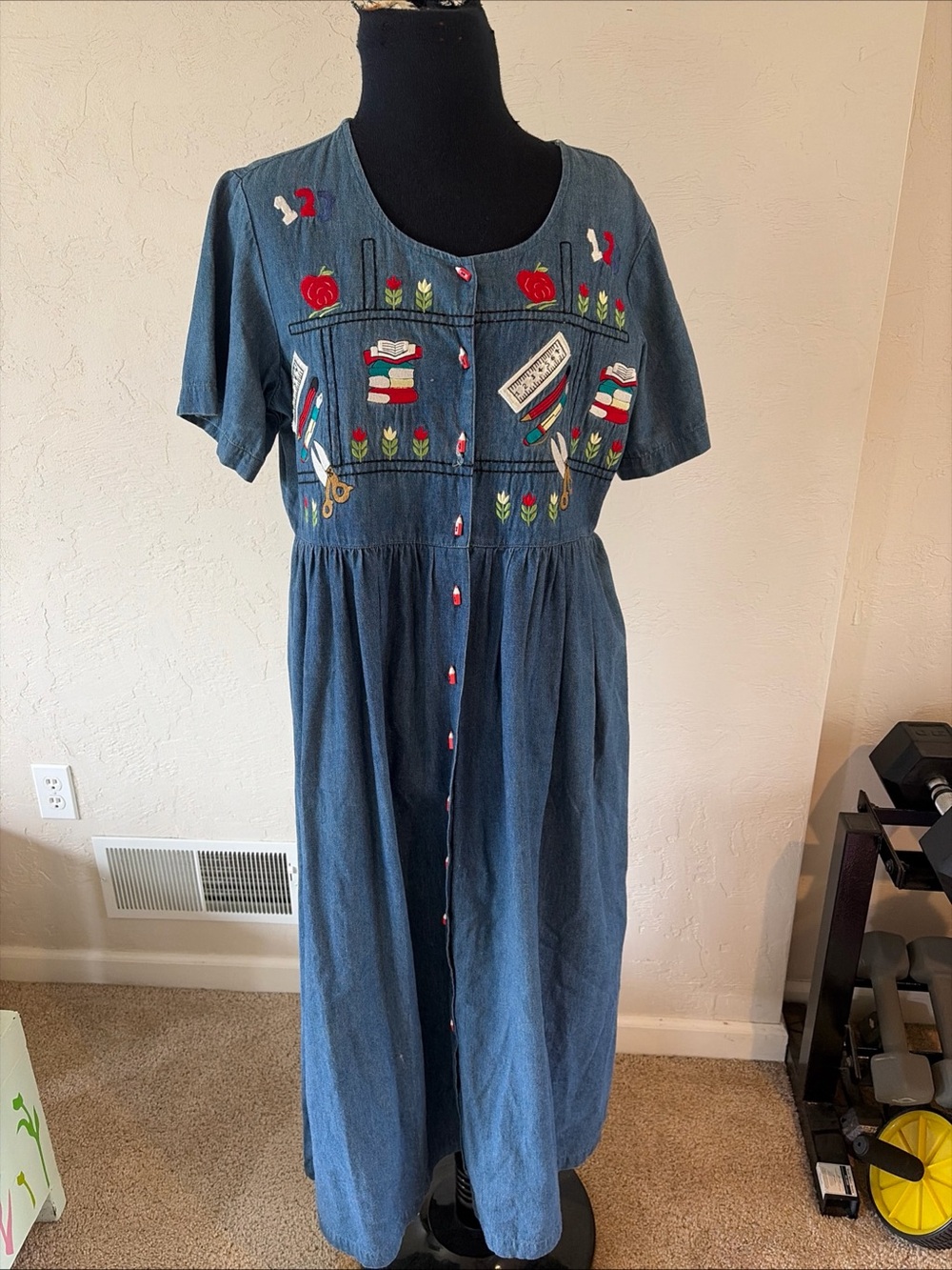 Vintage Mosaic Embroidered Teacher School Denim Dress with Pencil Detail 14 USA